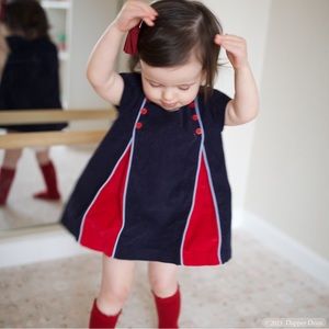 Bella Bliss | Pleated Corduroy Dress in Navy and Red